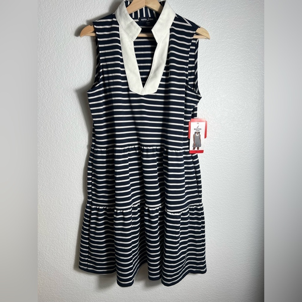 NWT Nautica Jeans Women's Tiered Dress summer fall spring navy white strip - Picture 2 of 9